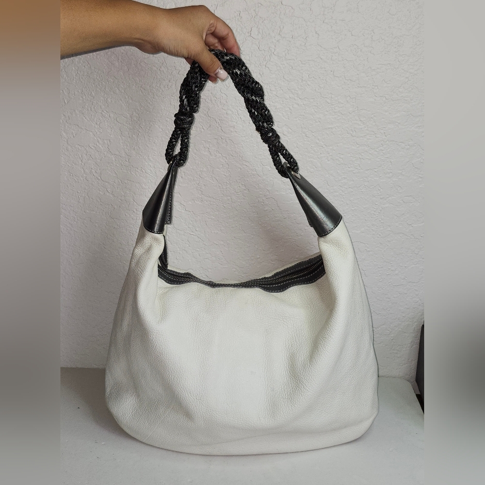 Oscar de la Renta Off White Leather Zipped Hobo